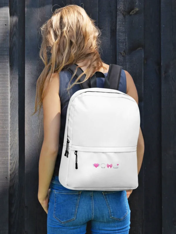 minimalist white backpack with pink aesthetic emojis girlhood by lucys print shop 3 'Girlhood' Backpack