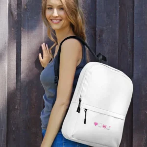 minimalist white backpack with pink aesthetic emojis girlhood by lucys print shop